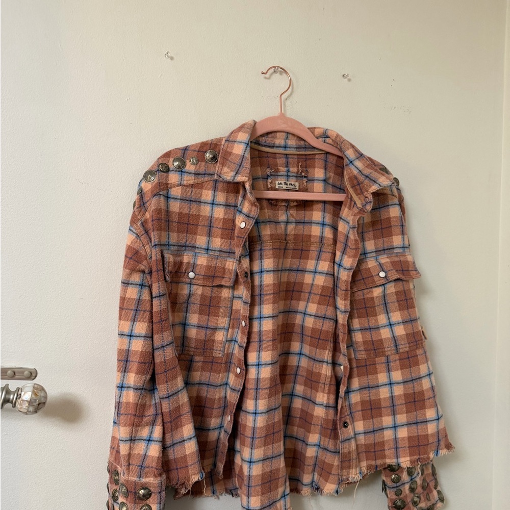 Free People We The Free Happy Hour Oversized Flannel Shirt Tan Blue - Picture 3 of 6